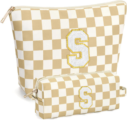 2 PCS Initial Makeup Bags for Women: Cosmetic Bag for Travel Toiletry - Birthday Gifts for 11 12 13 14 15 16 17 18 Years Old Girl Graduation Teacher Gift- Teen Girl Gifts Trendy Stuff - Yellow A