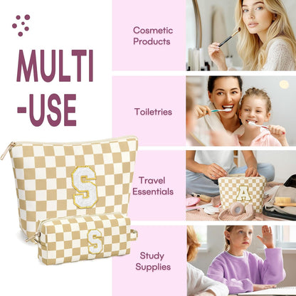 2 PCS Initial Makeup Bags for Women: Cosmetic Bag for Travel Toiletry - Birthday Gifts for 11 12 13 14 15 16 17 18 Years Old Girl Graduation Teacher Gift- Teen Girl Gifts Trendy Stuff - Yellow A