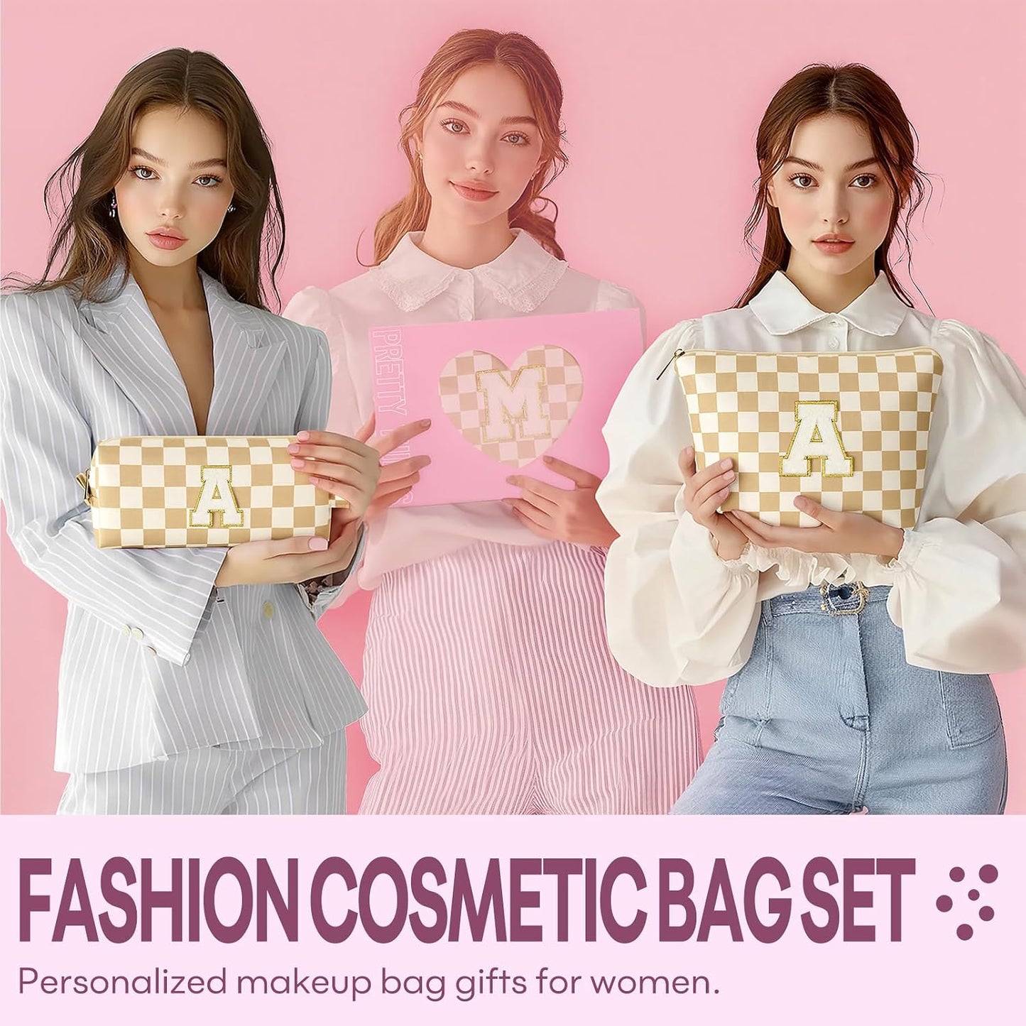 2 PCS Initial Makeup Bags for Women: Cosmetic Bag for Travel Toiletry - Birthday Gifts for 11 12 13 14 15 16 17 18 Years Old Girl Graduation Teacher Gift- Teen Girl Gifts Trendy Stuff - Yellow A