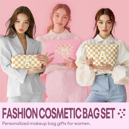 2 PCS Initial Makeup Bags for Women: Cosmetic Bag for Travel Toiletry - Birthday Gifts for 11 12 13 14 15 16 17 18 Years Old Girl Graduation Teacher Gift- Teen Girl Gifts Trendy Stuff - Yellow A