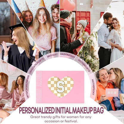 2 PCS Initial Makeup Bags for Women: Cosmetic Bag for Travel Toiletry - Birthday Gifts for 11 12 13 14 15 16 17 18 Years Old Girl Graduation Teacher Gift- Teen Girl Gifts Trendy Stuff - Yellow A