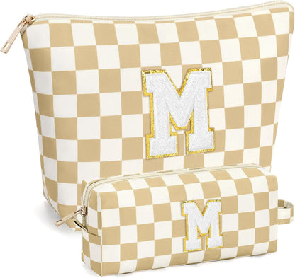 2 PCS Initial Makeup Bags for Women: Cosmetic Bag for Travel Toiletry - Birthday Gifts for 11 12 13 14 15 16 17 18 Years Old Girl Graduation Teacher Gift- Teen Girl Gifts Trendy Stuff - Yellow A