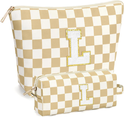2 PCS Initial Makeup Bags for Women: Cosmetic Bag for Travel Toiletry - Birthday Gifts for 11 12 13 14 15 16 17 18 Years Old Girl Graduation Teacher Gift- Teen Girl Gifts Trendy Stuff - Yellow A