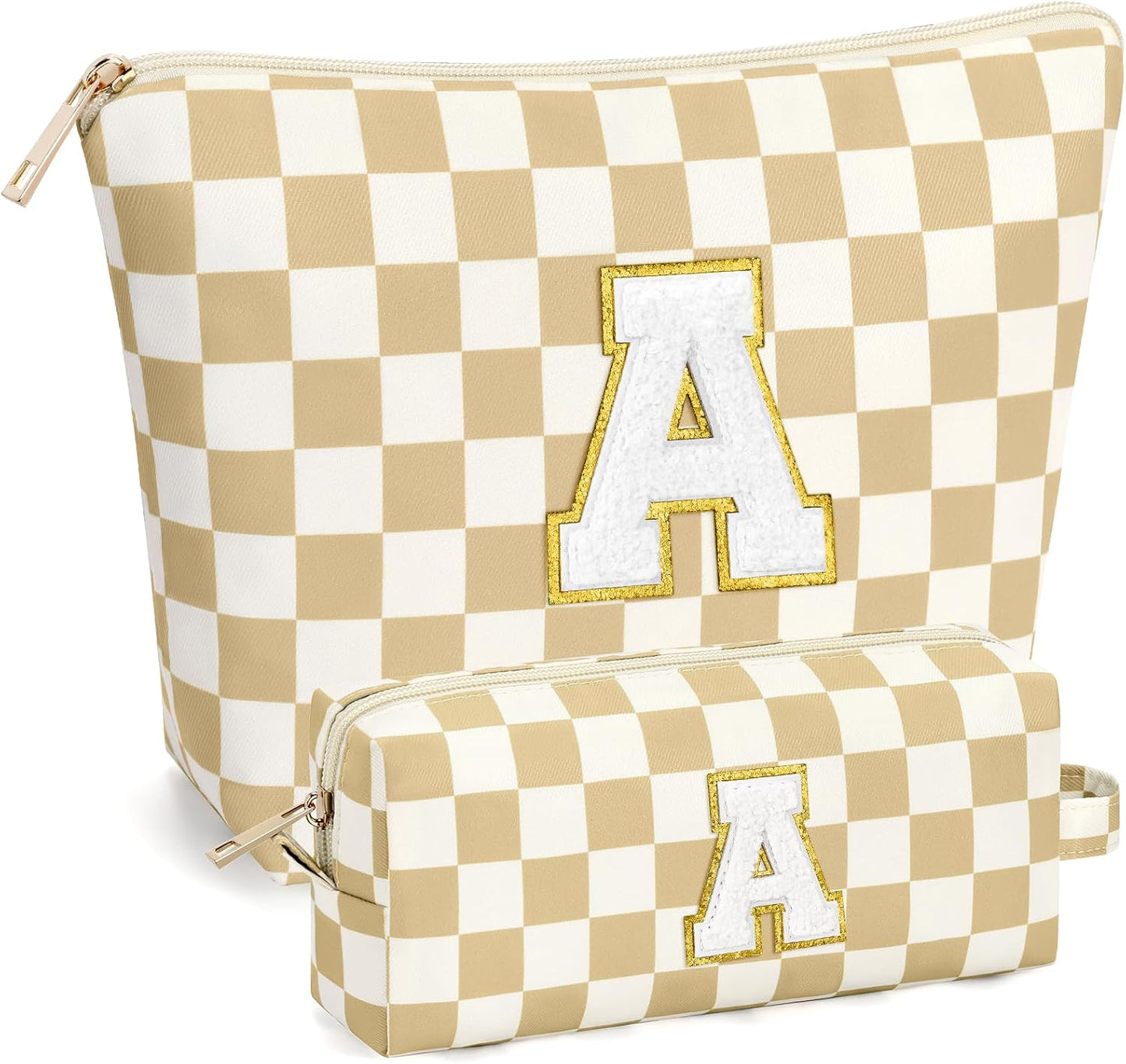 2 PCS Initial Makeup Bags for Women: Cosmetic Bag for Travel Toiletry - Birthday Gifts for 11 12 13 14 15 16 17 18 Years Old Girl Graduation Teacher Gift- Teen Girl Gifts Trendy Stuff - Yellow A