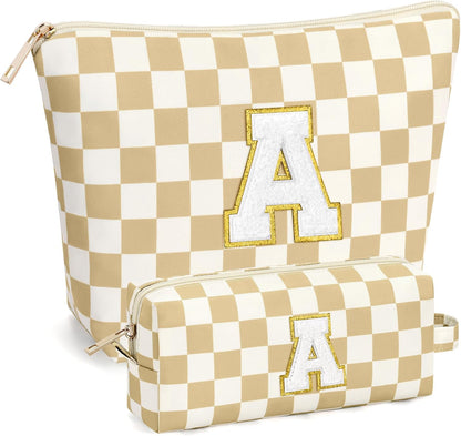 2 PCS Initial Makeup Bags for Women: Cosmetic Bag for Travel Toiletry - Birthday Gifts for 11 12 13 14 15 16 17 18 Years Old Girl Graduation Teacher Gift- Teen Girl Gifts Trendy Stuff - Yellow A