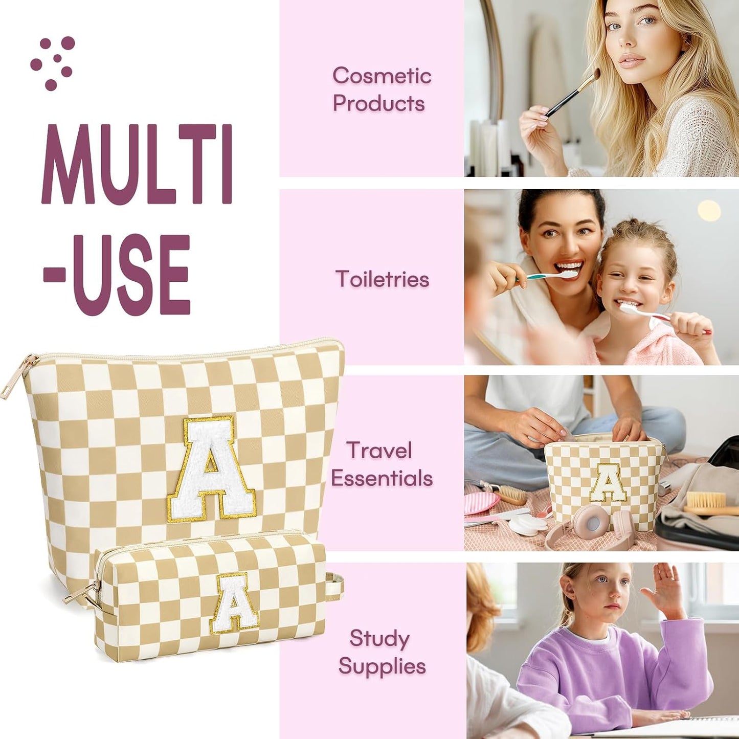 2 PCS Initial Makeup Bags for Women: Cosmetic Bag for Travel Toiletry - Birthday Gifts for 11 12 13 14 15 16 17 18 Years Old Girl Graduation Teacher Gift- Teen Girl Gifts Trendy Stuff - Yellow A