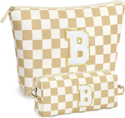 2 PCS Initial Makeup Bags for Women: Cosmetic Bag for Travel Toiletry - Birthday Gifts for 11 12 13 14 15 16 17 18 Years Old Girl Graduation Teacher Gift- Teen Girl Gifts Trendy Stuff - Yellow A