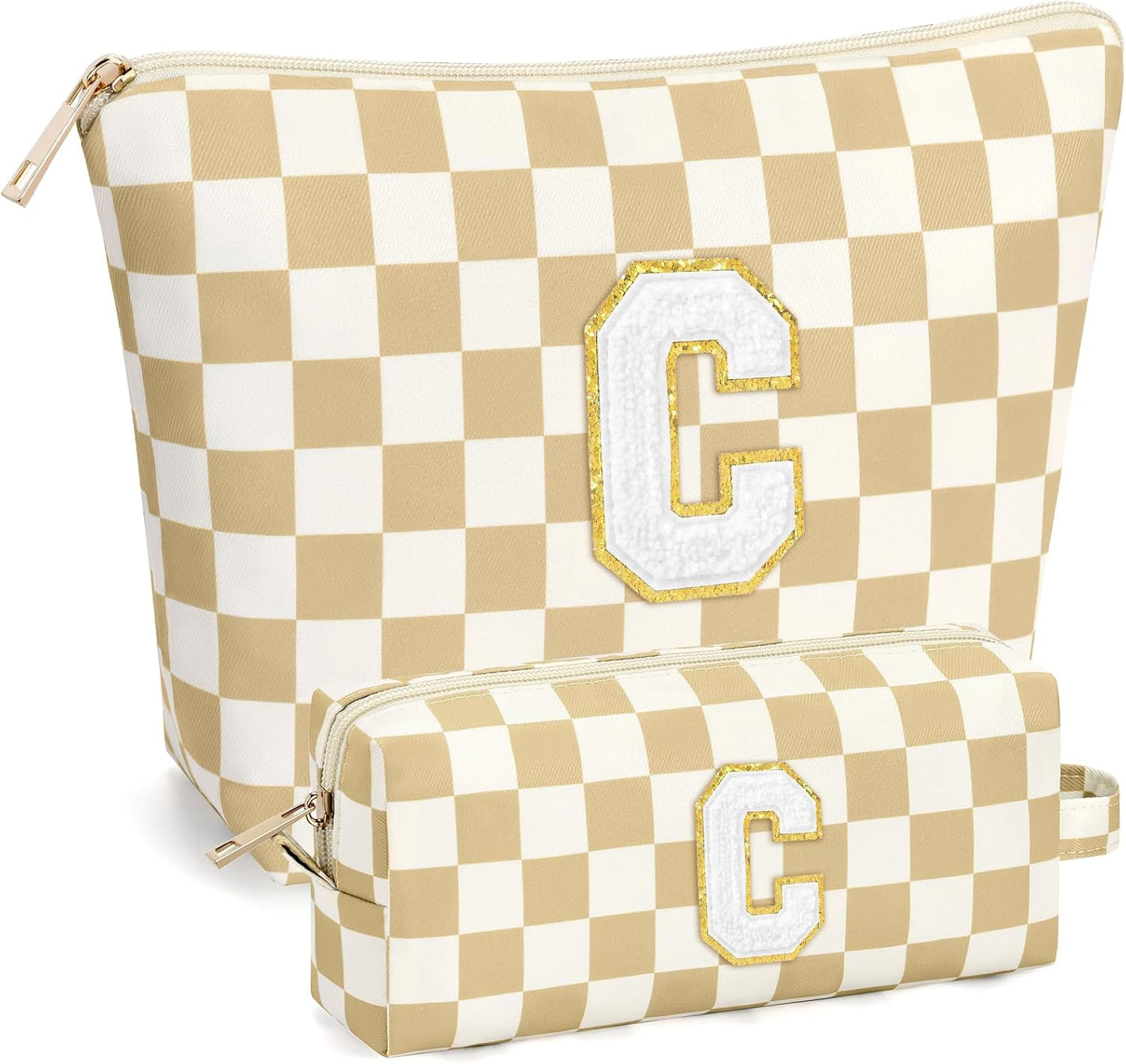 2 PCS Initial Makeup Bags for Women: Cosmetic Bag for Travel Toiletry - Birthday Gifts for 11 12 13 14 15 16 17 18 Years Old Girl Graduation Teacher Gift- Teen Girl Gifts Trendy Stuff - Yellow A