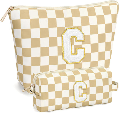 2 PCS Initial Makeup Bags for Women: Cosmetic Bag for Travel Toiletry - Birthday Gifts for 11 12 13 14 15 16 17 18 Years Old Girl Graduation Teacher Gift- Teen Girl Gifts Trendy Stuff - Yellow A
