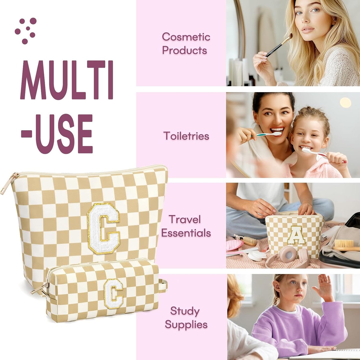 2 PCS Initial Makeup Bags for Women: Cosmetic Bag for Travel Toiletry - Birthday Gifts for 11 12 13 14 15 16 17 18 Years Old Girl Graduation Teacher Gift- Teen Girl Gifts Trendy Stuff - Yellow A