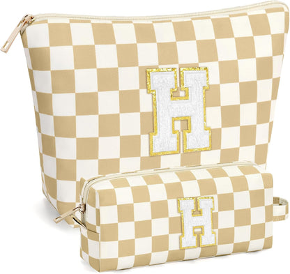 2 PCS Initial Makeup Bags for Women: Cosmetic Bag for Travel Toiletry - Birthday Gifts for 11 12 13 14 15 16 17 18 Years Old Girl Graduation Teacher Gift- Teen Girl Gifts Trendy Stuff - Yellow A
