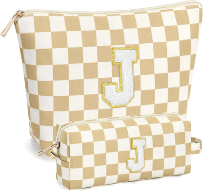 2 PCS Initial Makeup Bags for Women: Cosmetic Bag for Travel Toiletry - Birthday Gifts for 11 12 13 14 15 16 17 18 Years Old Girl Graduation Teacher Gift- Teen Girl Gifts Trendy Stuff - Yellow A