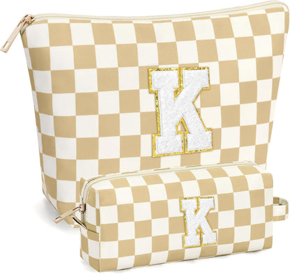 2 PCS Initial Makeup Bags for Women: Cosmetic Bag for Travel Toiletry - Birthday Gifts for 11 12 13 14 15 16 17 18 Years Old Girl Graduation Teacher Gift- Teen Girl Gifts Trendy Stuff - Yellow A