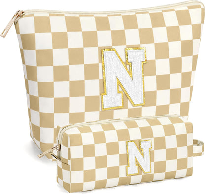 2 PCS Initial Makeup Bags for Women: Cosmetic Bag for Travel Toiletry - Birthday Gifts for 11 12 13 14 15 16 17 18 Years Old Girl Graduation Teacher Gift- Teen Girl Gifts Trendy Stuff - Yellow A