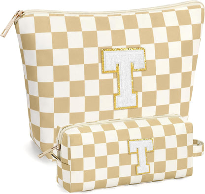 2 PCS Initial Makeup Bags for Women: Cosmetic Bag for Travel Toiletry - Birthday Gifts for 11 12 13 14 15 16 17 18 Years Old Girl Graduation Teacher Gift- Teen Girl Gifts Trendy Stuff - Yellow A