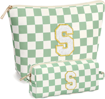 2 PCS Initial Makeup Bags for Women: Cosmetic Bag for Travel Toiletry - Birthday Gifts for 11 12 13 14 15 16 17 18 Years Old Girl Graduation Teacher Gift- Teen Girl Gifts Trendy Stuff - Yellow A