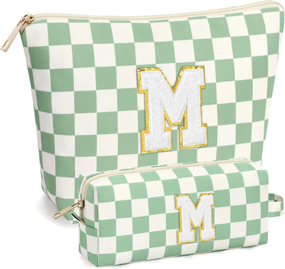 2 PCS Initial Makeup Bags for Women: Cosmetic Bag for Travel Toiletry - Birthday Gifts for 11 12 13 14 15 16 17 18 Years Old Girl Graduation Teacher Gift- Teen Girl Gifts Trendy Stuff - Yellow A