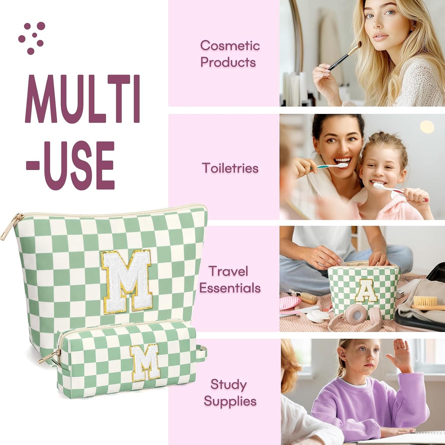 2 PCS Initial Makeup Bags for Women: Cosmetic Bag for Travel Toiletry - Birthday Gifts for 11 12 13 14 15 16 17 18 Years Old Girl Graduation Teacher Gift- Teen Girl Gifts Trendy Stuff - Yellow A