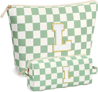 2 PCS Initial Makeup Bags for Women: Cosmetic Bag for Travel Toiletry - Birthday Gifts for 11 12 13 14 15 16 17 18 Years Old Girl Graduation Teacher Gift- Teen Girl Gifts Trendy Stuff - Yellow A