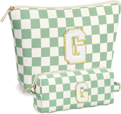 2 PCS Initial Makeup Bags for Women: Cosmetic Bag for Travel Toiletry - Birthday Gifts for 11 12 13 14 15 16 17 18 Years Old Girl Graduation Teacher Gift- Teen Girl Gifts Trendy Stuff - Yellow A