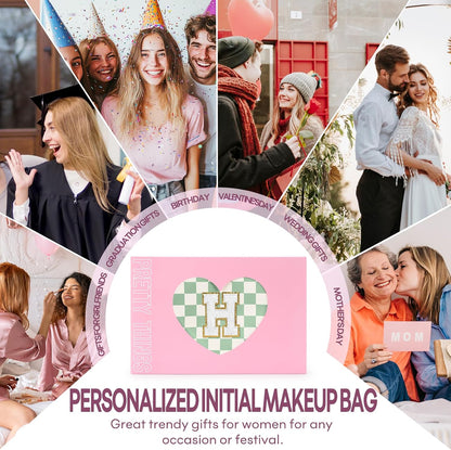 2 PCS Initial Makeup Bags for Women: Cosmetic Bag for Travel Toiletry - Birthday Gifts for 11 12 13 14 15 16 17 18 Years Old Girl Graduation Teacher Gift- Teen Girl Gifts Trendy Stuff - Yellow A