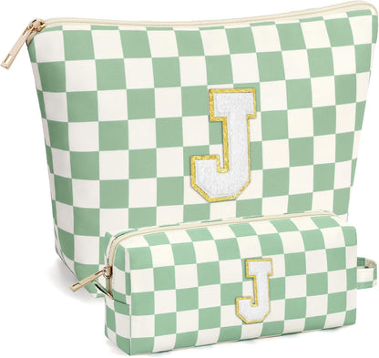 2 PCS Initial Makeup Bags for Women: Cosmetic Bag for Travel Toiletry - Birthday Gifts for 11 12 13 14 15 16 17 18 Years Old Girl Graduation Teacher Gift- Teen Girl Gifts Trendy Stuff - Yellow A