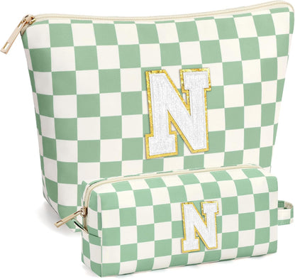 2 PCS Initial Makeup Bags for Women: Cosmetic Bag for Travel Toiletry - Birthday Gifts for 11 12 13 14 15 16 17 18 Years Old Girl Graduation Teacher Gift- Teen Girl Gifts Trendy Stuff - Yellow A