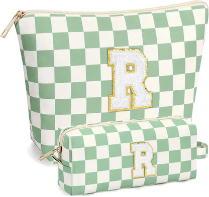 2 PCS Initial Makeup Bags for Women: Cosmetic Bag for Travel Toiletry - Birthday Gifts for 11 12 13 14 15 16 17 18 Years Old Girl Graduation Teacher Gift- Teen Girl Gifts Trendy Stuff - Yellow A