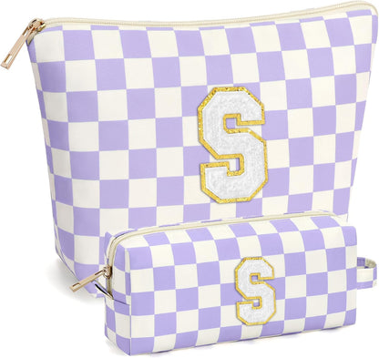 2 PCS Initial Makeup Bags for Women: Cosmetic Bag for Travel Toiletry - Birthday Gifts for 11 12 13 14 15 16 17 18 Years Old Girl Graduation Teacher Gift- Teen Girl Gifts Trendy Stuff - Yellow A