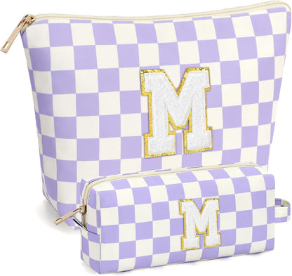 2 PCS Initial Makeup Bags for Women: Cosmetic Bag for Travel Toiletry - Birthday Gifts for 11 12 13 14 15 16 17 18 Years Old Girl Graduation Teacher Gift- Teen Girl Gifts Trendy Stuff - Yellow A