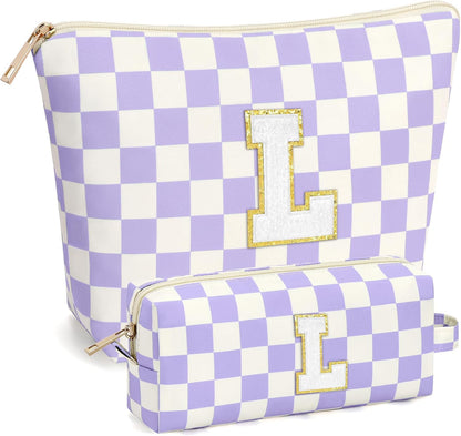 2 PCS Initial Makeup Bags for Women: Cosmetic Bag for Travel Toiletry - Birthday Gifts for 11 12 13 14 15 16 17 18 Years Old Girl Graduation Teacher Gift- Teen Girl Gifts Trendy Stuff - Yellow A