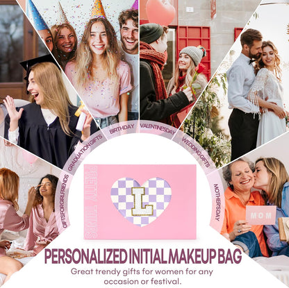 2 PCS Initial Makeup Bags for Women: Cosmetic Bag for Travel Toiletry - Birthday Gifts for 11 12 13 14 15 16 17 18 Years Old Girl Graduation Teacher Gift- Teen Girl Gifts Trendy Stuff - Yellow A