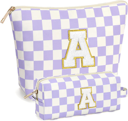 2 PCS Initial Makeup Bags for Women: Cosmetic Bag for Travel Toiletry - Birthday Gifts for 11 12 13 14 15 16 17 18 Years Old Girl Graduation Teacher Gift- Teen Girl Gifts Trendy Stuff - Yellow A
