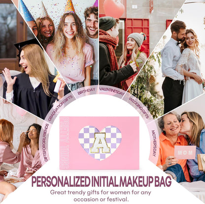 2 PCS Initial Makeup Bags for Women: Cosmetic Bag for Travel Toiletry - Birthday Gifts for 11 12 13 14 15 16 17 18 Years Old Girl Graduation Teacher Gift- Teen Girl Gifts Trendy Stuff - Yellow A