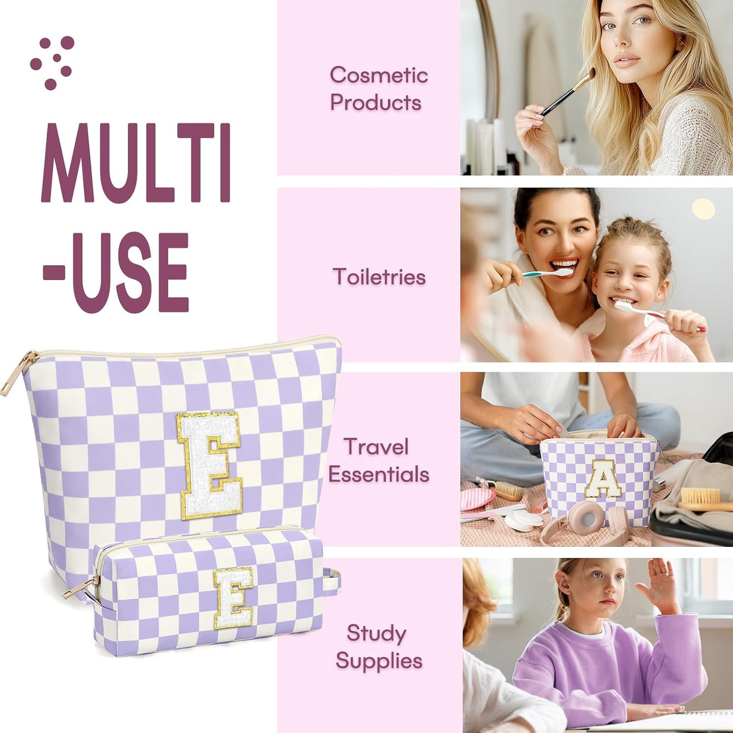 2 PCS Initial Makeup Bags for Women: Cosmetic Bag for Travel Toiletry - Birthday Gifts for 11 12 13 14 15 16 17 18 Years Old Girl Graduation Teacher Gift- Teen Girl Gifts Trendy Stuff - Yellow A