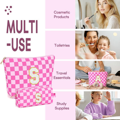 2 PCS Initial Makeup Bags for Women: Cosmetic Bag for Travel Toiletry - Birthday Gifts for 11 12 13 14 15 16 17 18 Years Old Girl Graduation Teacher Gift- Teen Girl Gifts Trendy Stuff - Yellow A