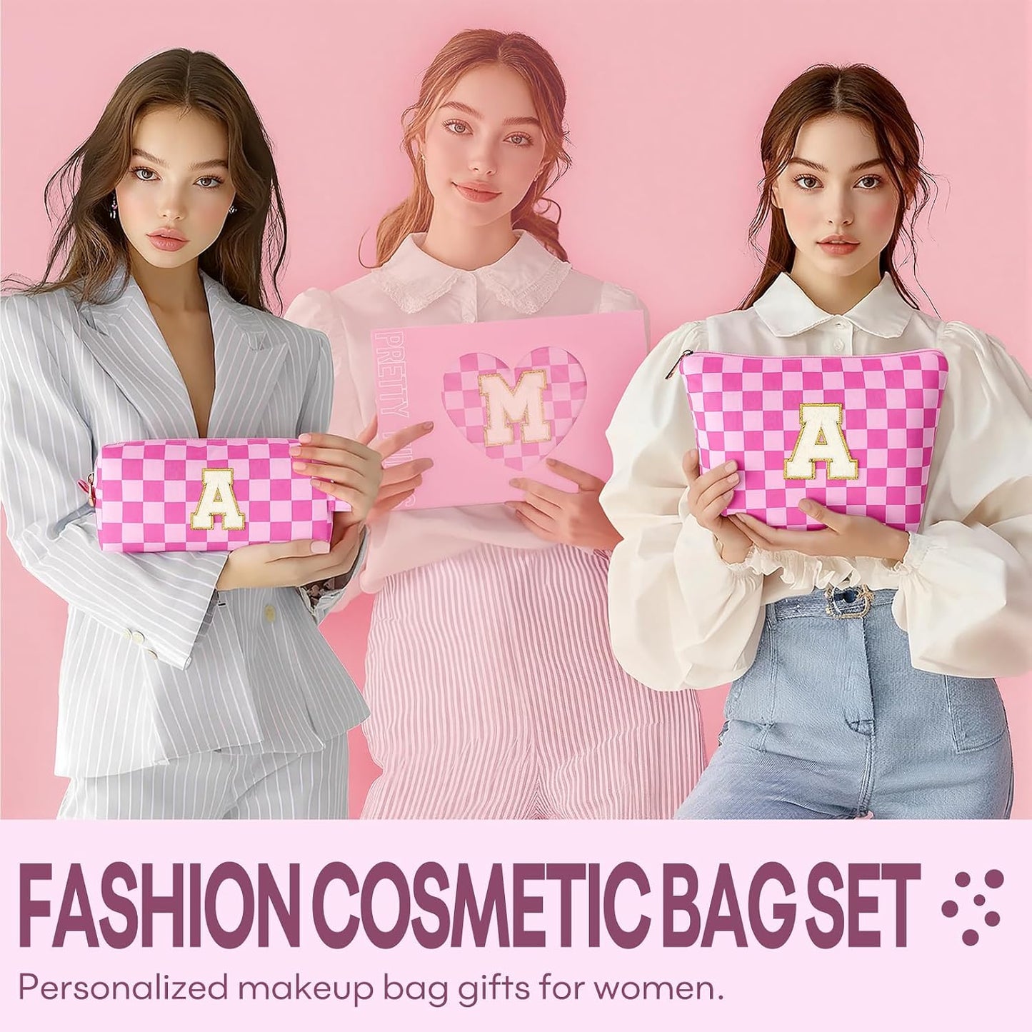 2 PCS Initial Makeup Bags for Women: Cosmetic Bag for Travel Toiletry - Birthday Gifts for 11 12 13 14 15 16 17 18 Years Old Girl Graduation Teacher Gift- Teen Girl Gifts Trendy Stuff - Yellow A