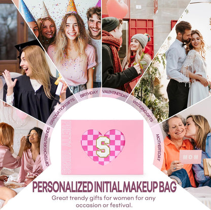 2 PCS Initial Makeup Bags for Women: Cosmetic Bag for Travel Toiletry - Birthday Gifts for 11 12 13 14 15 16 17 18 Years Old Girl Graduation Teacher Gift- Teen Girl Gifts Trendy Stuff - Yellow A