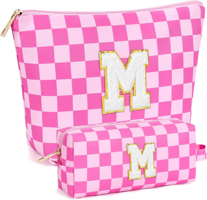 2 PCS Initial Makeup Bags for Women: Cosmetic Bag for Travel Toiletry - Birthday Gifts for 11 12 13 14 15 16 17 18 Years Old Girl Graduation Teacher Gift- Teen Girl Gifts Trendy Stuff - Yellow A