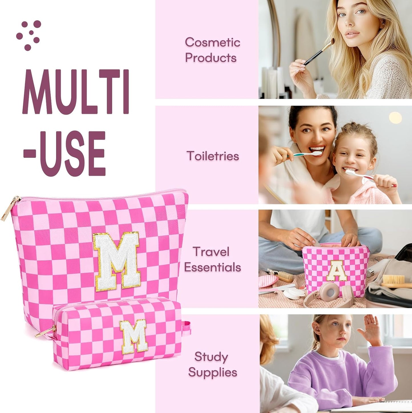 2 PCS Initial Makeup Bags for Women: Cosmetic Bag for Travel Toiletry - Birthday Gifts for 11 12 13 14 15 16 17 18 Years Old Girl Graduation Teacher Gift- Teen Girl Gifts Trendy Stuff - Yellow A