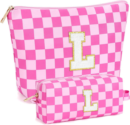 2 PCS Initial Makeup Bags for Women: Cosmetic Bag for Travel Toiletry - Birthday Gifts for 11 12 13 14 15 16 17 18 Years Old Girl Graduation Teacher Gift- Teen Girl Gifts Trendy Stuff - Yellow A