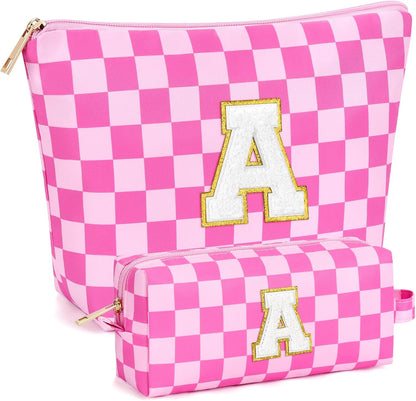 2 PCS Initial Makeup Bags for Women: Cosmetic Bag for Travel Toiletry - Birthday Gifts for 11 12 13 14 15 16 17 18 Years Old Girl Graduation Teacher Gift- Teen Girl Gifts Trendy Stuff - Yellow A