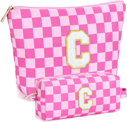 2 PCS Initial Makeup Bags for Women: Cosmetic Bag for Travel Toiletry - Birthday Gifts for 11 12 13 14 15 16 17 18 Years Old Girl Graduation Teacher Gift- Teen Girl Gifts Trendy Stuff - Yellow A