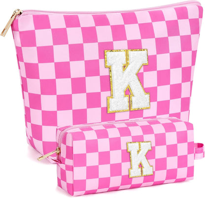 2 PCS Initial Makeup Bags for Women: Cosmetic Bag for Travel Toiletry - Birthday Gifts for 11 12 13 14 15 16 17 18 Years Old Girl Graduation Teacher Gift- Teen Girl Gifts Trendy Stuff - Yellow A