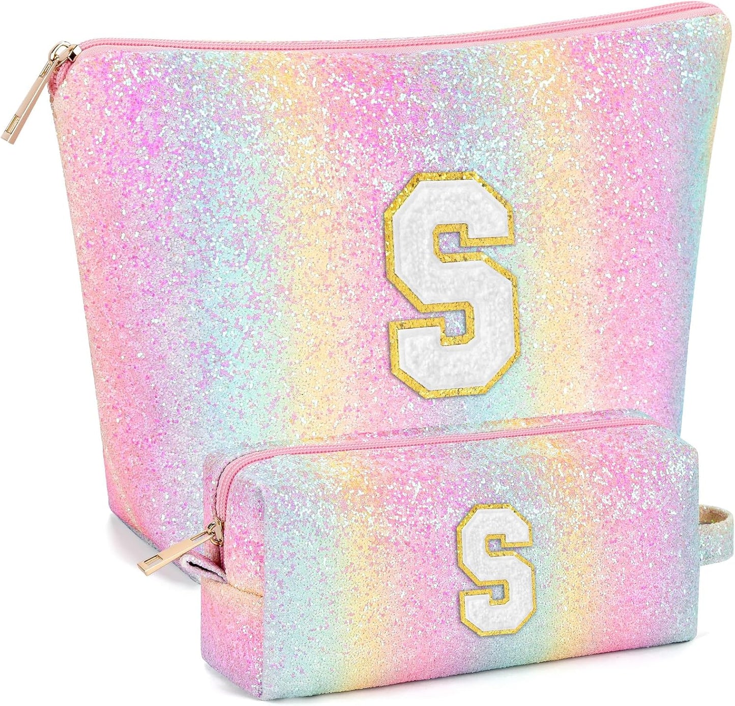 2 PCS Initial Makeup Bags for Women: Cosmetic Bag for Travel Toiletry - Birthday Gifts for 11 12 13 14 15 16 17 18 Years Old Girl Graduation Teacher Gift- Teen Girl Gifts Trendy Stuff - Yellow A