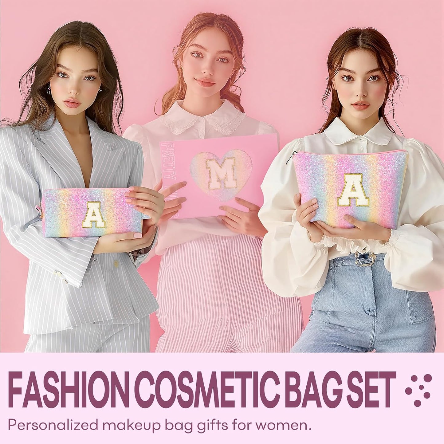 2 PCS Initial Makeup Bags for Women: Cosmetic Bag for Travel Toiletry - Birthday Gifts for 11 12 13 14 15 16 17 18 Years Old Girl Graduation Teacher Gift- Teen Girl Gifts Trendy Stuff - Yellow A