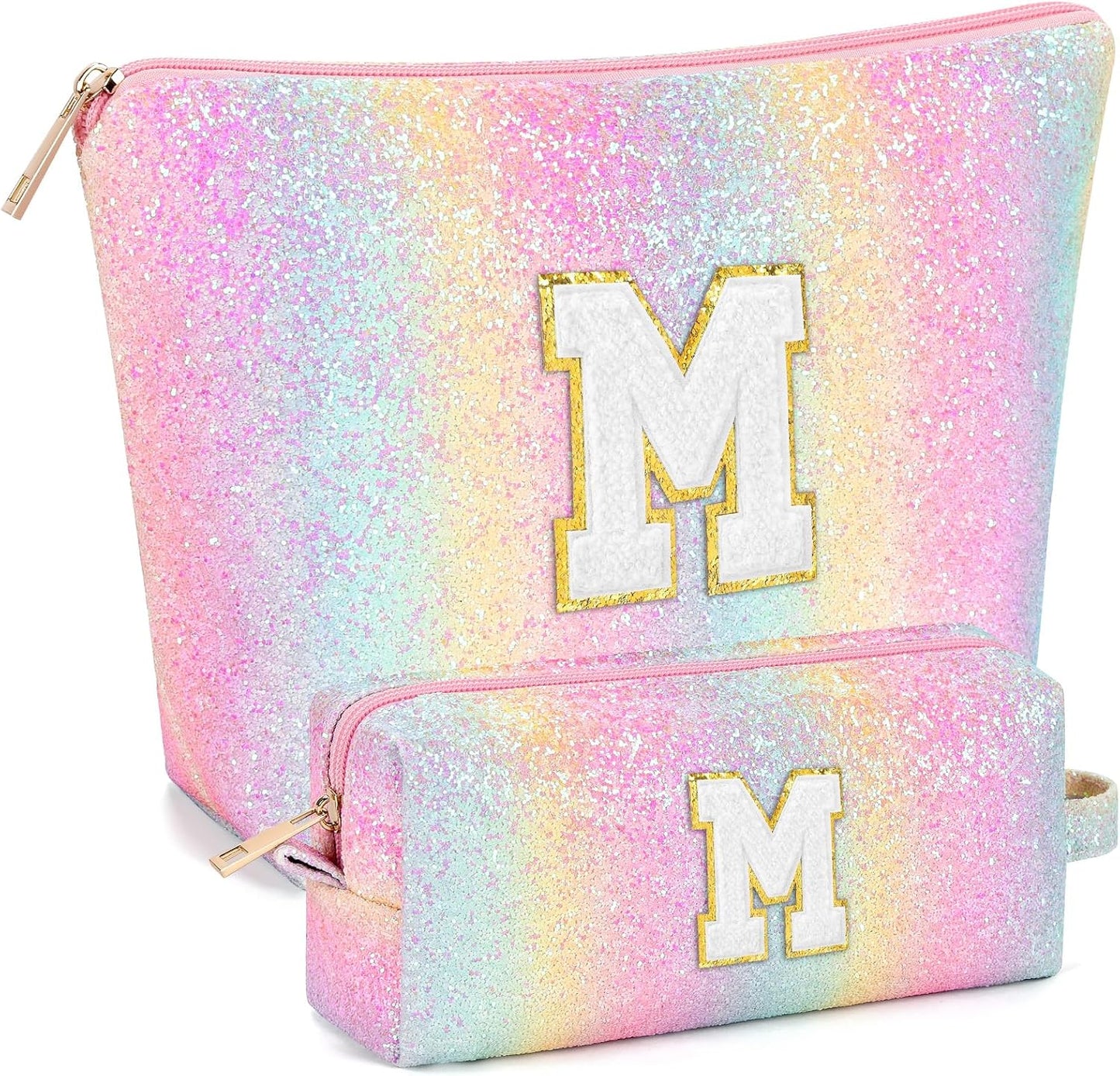 2 PCS Initial Makeup Bags for Women: Cosmetic Bag for Travel Toiletry - Birthday Gifts for 11 12 13 14 15 16 17 18 Years Old Girl Graduation Teacher Gift- Teen Girl Gifts Trendy Stuff - Yellow A
