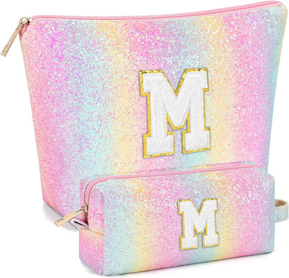 2 PCS Initial Makeup Bags for Women: Cosmetic Bag for Travel Toiletry - Birthday Gifts for 11 12 13 14 15 16 17 18 Years Old Girl Graduation Teacher Gift- Teen Girl Gifts Trendy Stuff - Yellow A