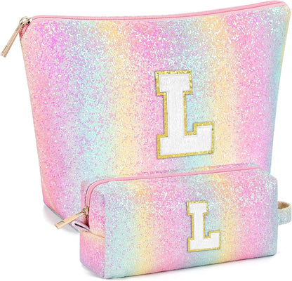 2 PCS Initial Makeup Bags for Women: Cosmetic Bag for Travel Toiletry - Birthday Gifts for 11 12 13 14 15 16 17 18 Years Old Girl Graduation Teacher Gift- Teen Girl Gifts Trendy Stuff - Yellow A