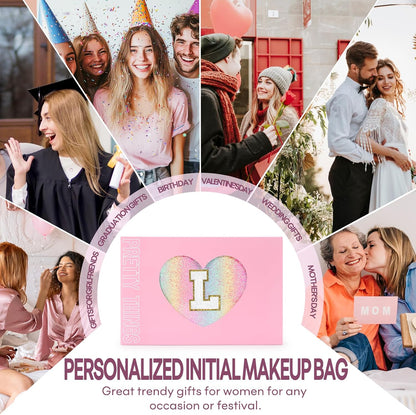 2 PCS Initial Makeup Bags for Women: Cosmetic Bag for Travel Toiletry - Birthday Gifts for 11 12 13 14 15 16 17 18 Years Old Girl Graduation Teacher Gift- Teen Girl Gifts Trendy Stuff - Yellow A